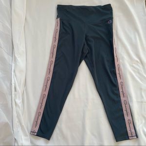 Champion Women's Gray/Blue High-Waist Performance Leggings with Pink Side Tape
